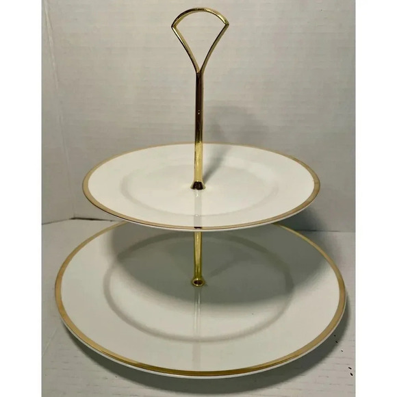 The‎ Cellar 2-Tier Gold Rim Cake Tray Server Bottom 10.25 In Top 7.75 In Vintage - Picture 1 of 5